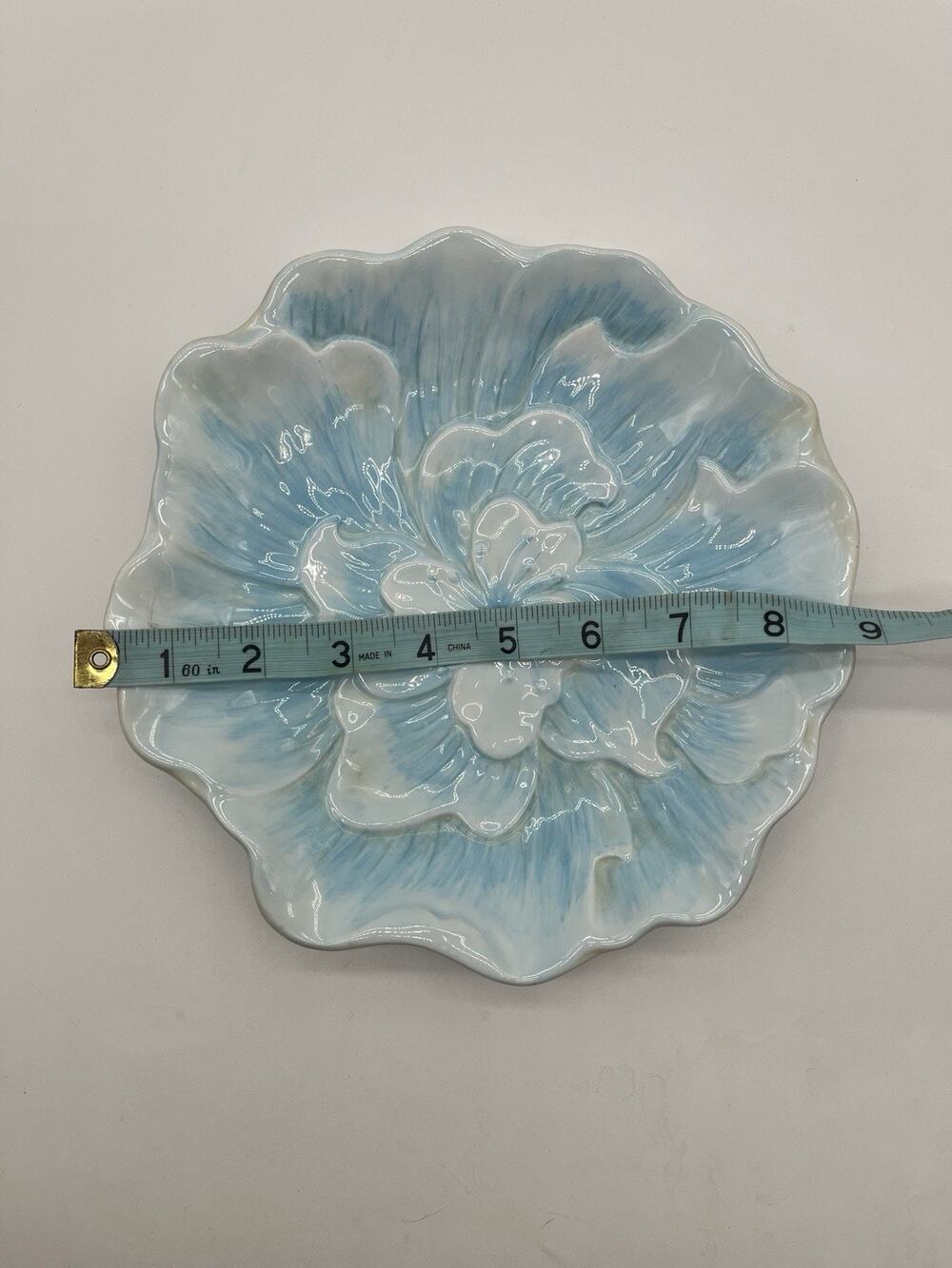 Vintage Blue White Majolica Style Floral Plate Relief Flower Ceramic Decorative